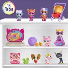SuperKitties 15-piece figure set with cat characters, TV, ball, and toy cart