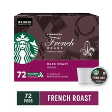 Starbucks French roast coffee pods box showing 72 pods and K-Cup pod