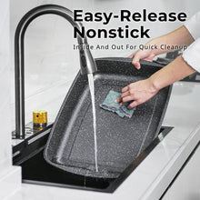 Dark gray speckled roasting pan with nonstick surface and side handles