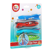 play day Dive Toys blister pack with 4 pool dive torpedo toys in assorted colors