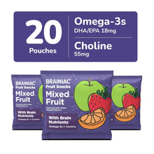 Fruit snack pouches, 20 count label, mixed fruit variety in purple pouches