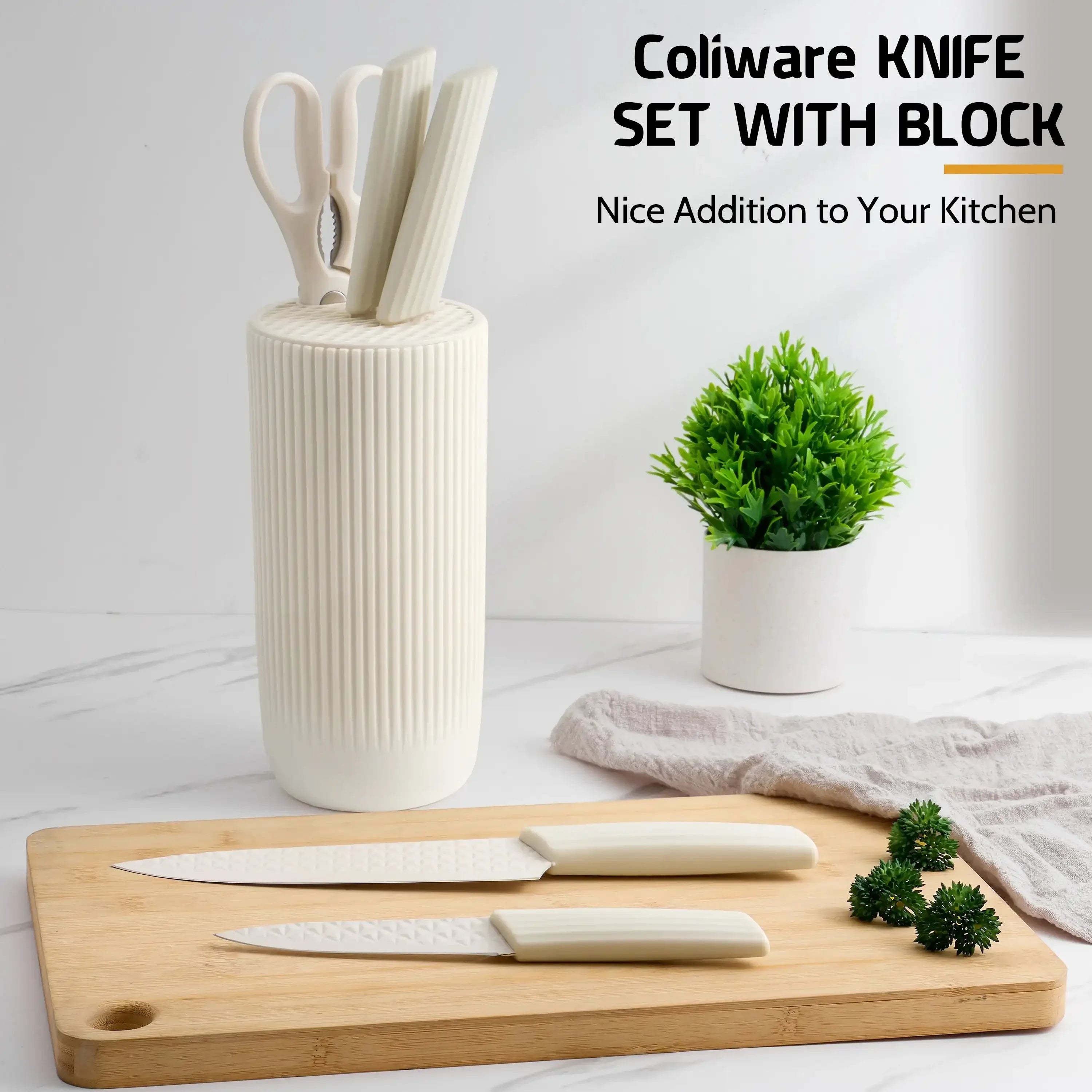 Joyfair Kitchen Knife Set, 7 Pcs Stainless Steel White Knives Block Set for Chef, Super Sharp Professional Knife Set with Universal Knife Block for Home Restaurant, Non-Stick & Anti-Rust - USA MEGA SHOP