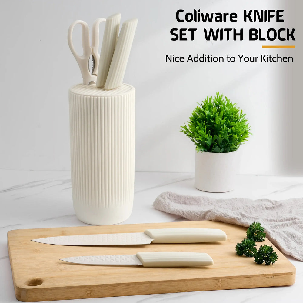Joyfair Kitchen Knife Set, 7 Pcs Stainless Steel White Knives Block Set for Chef, Super Sharp Professional Knife Set with Universal Knife Block for Home Restaurant, Non-Stick & Anti-Rust - USA MEGA SHOP