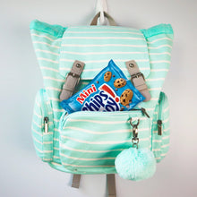 Insulated striped lunch tote with mini Chips Ahoy snack pack and keychain