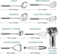 Assorted stainless cooking utensils: ladle, wok spatula, skimmer, slotted turner, whisk
