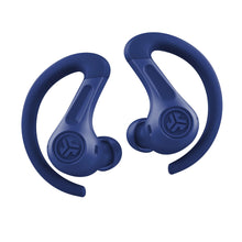 Cobalt blue sport earbuds with earhooks, pair view