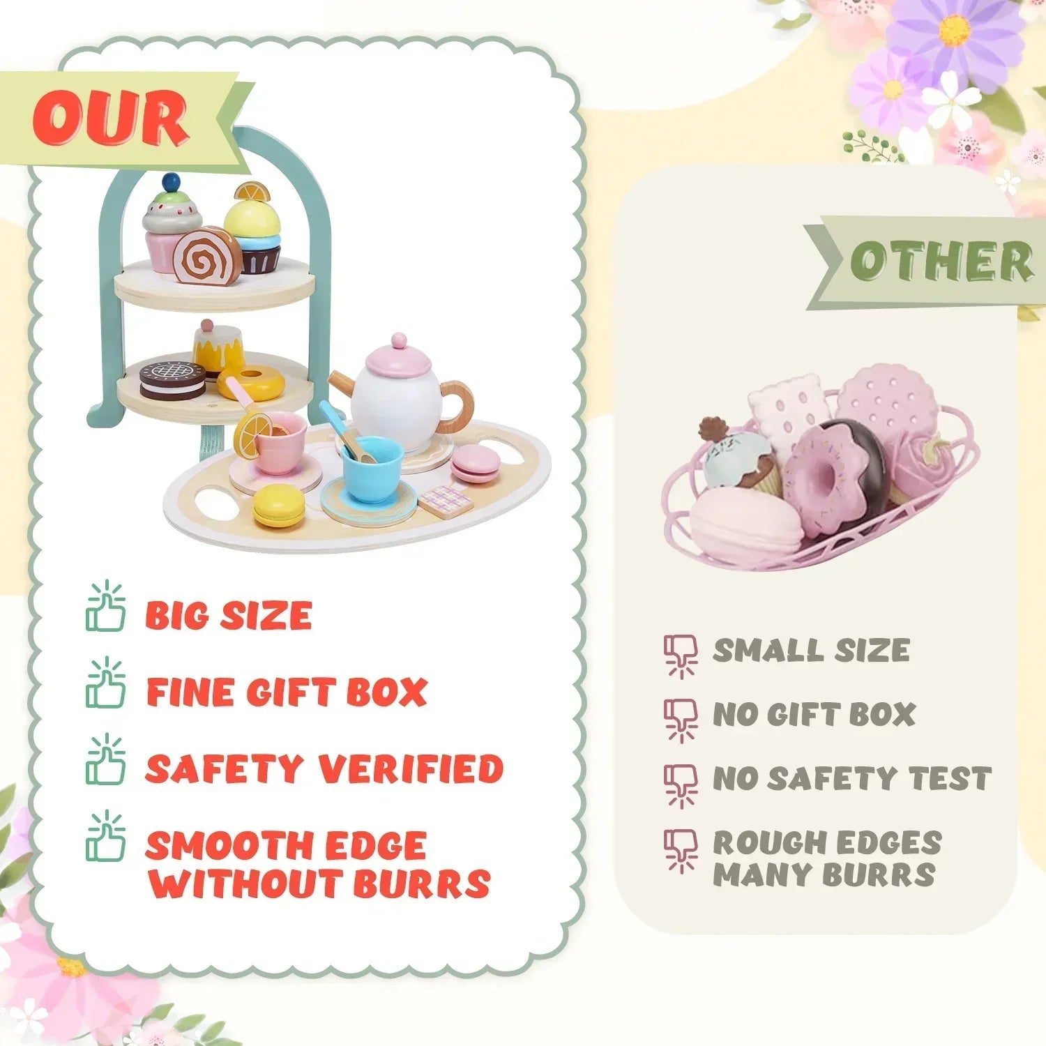 JoyStone Wooden Tea Party Set for Toddlers, Pretend Play Tea Sets for Kids with Storage Cupcake Stand, Wooden Toys Gifts for Girls & Boys - USA MEGA SHOP