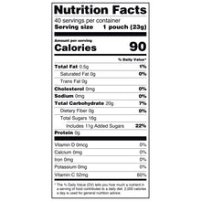 Nutrition Facts panel: 1 pouch (23 g) serving, 90 calories