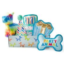 Five-piece dog toy bundle: unicorn, cake, party hat, bone, and box toy