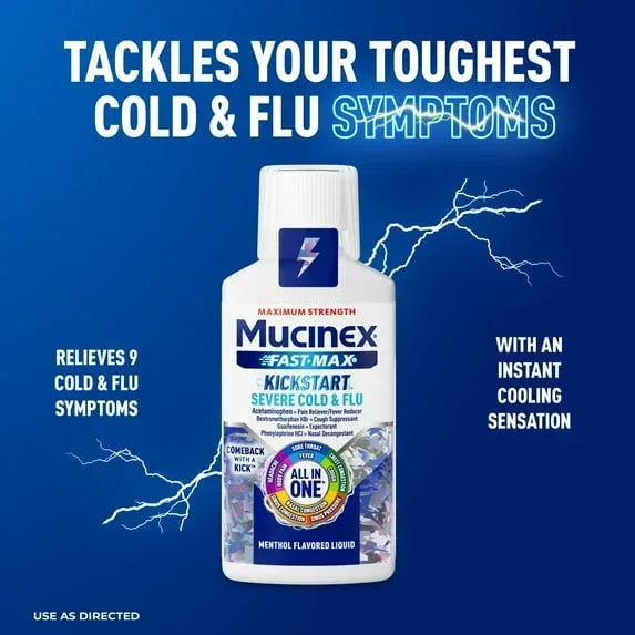 Mucinex Fast-Max Kickstart Severe Cold & Flu Liquid, OTC Cough Relief, Menthol Flavor, 6 fl oz