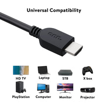 Black HDMI cable with one plug end and universal compatibility icons