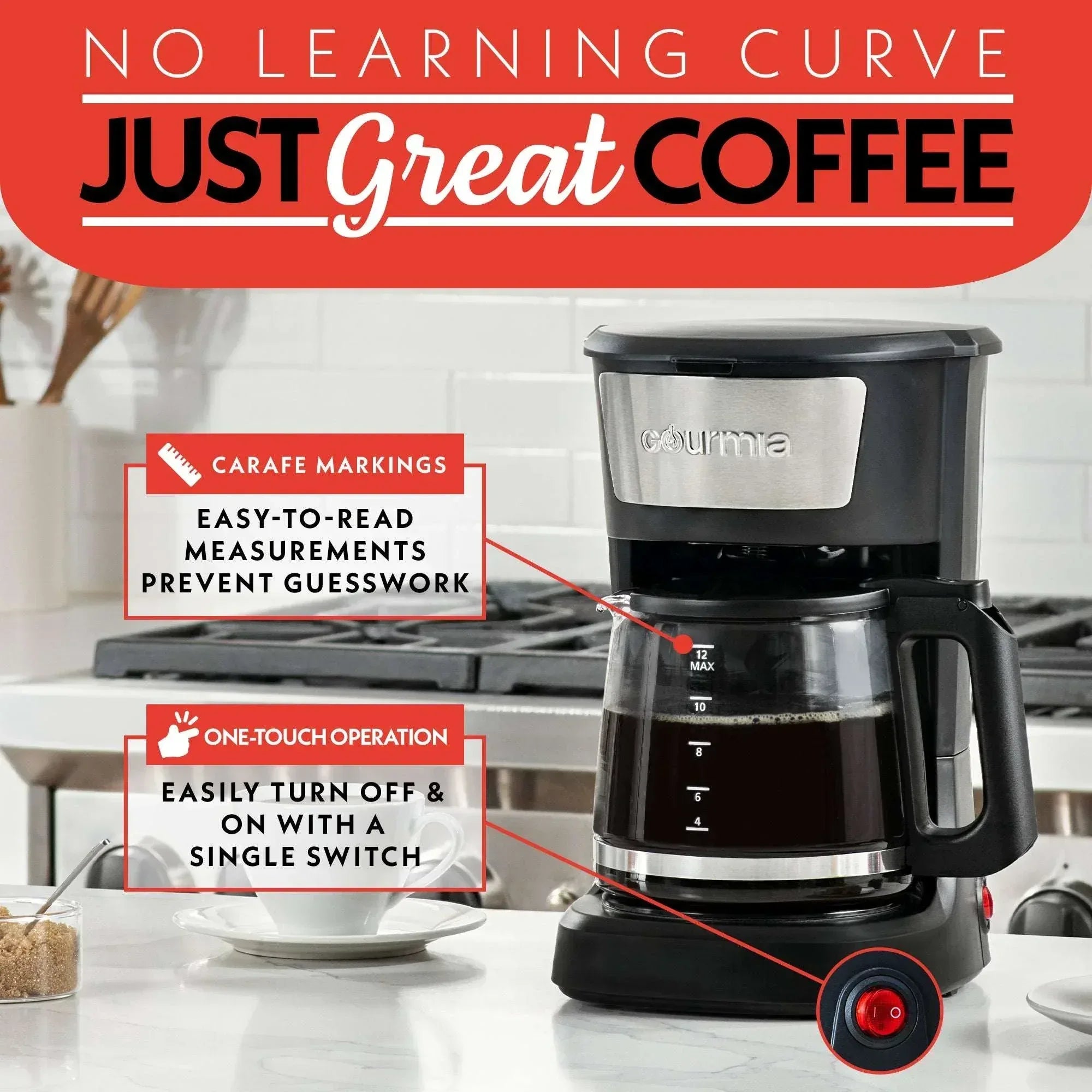 Gourmia One-Touch Coffee Maker 12 Cup with Pause & Serve, Auto Keep Warm, Black