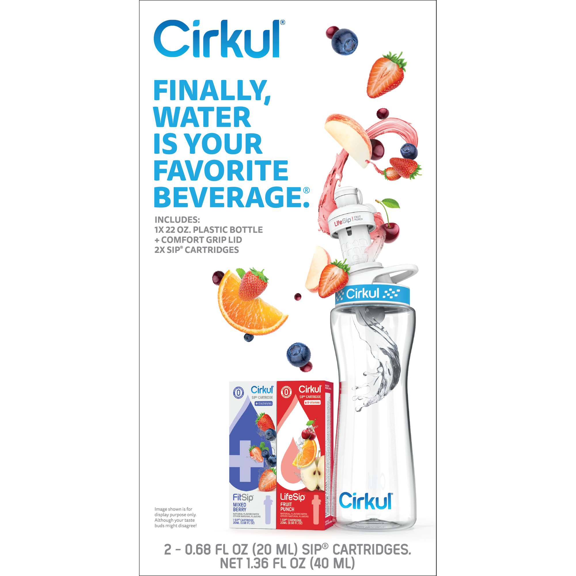 Cirkul 22 oz Plastic Water Bottle Starter Kit with Blue Lid and 2 Flavor Cartridges (Fruit Punch & Mixed Berry)