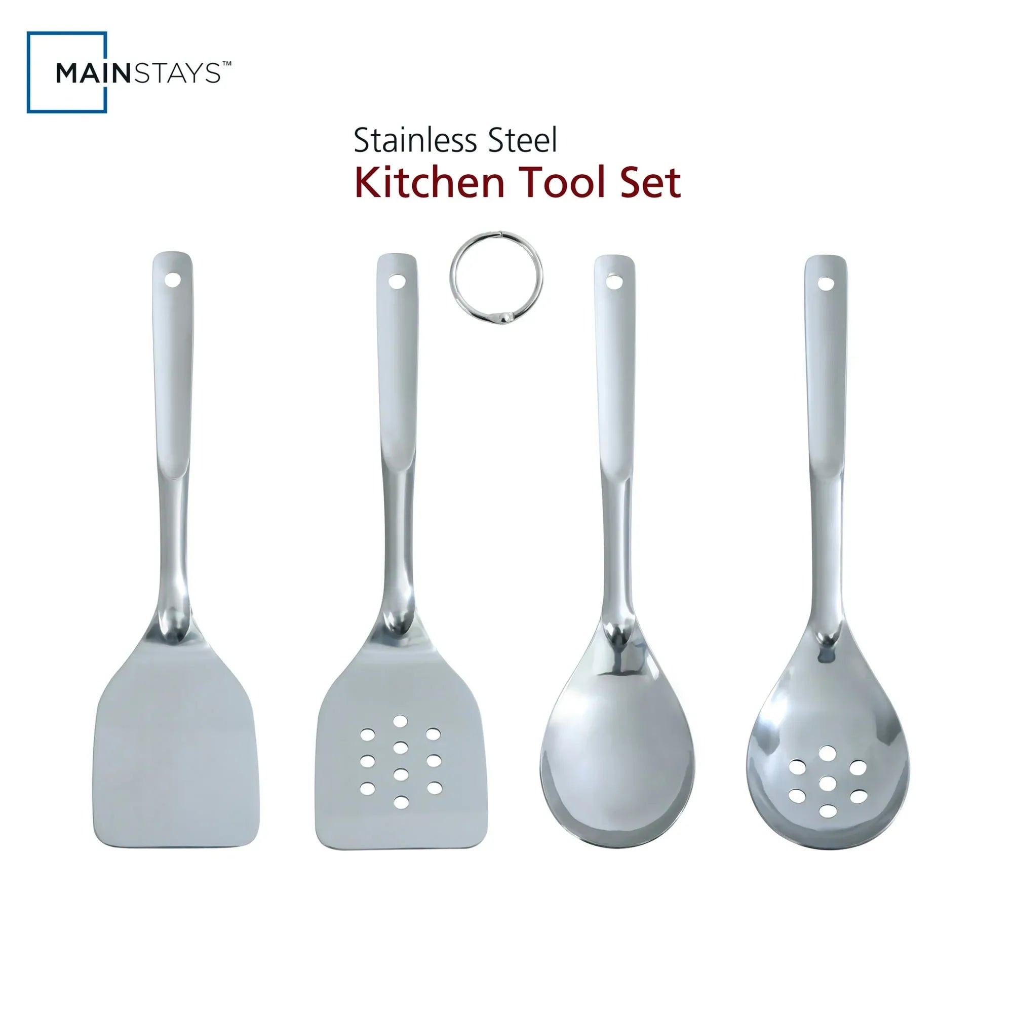 Mainstays Stainless Steel 4-Piece Kitchen Utensil Set, Spatula, Slotted Spatula, Spoon and Slotted Spoon