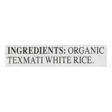 Organic Texmati white rice ingredient label panel on jar
