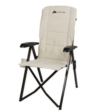 High back reclining lounge chair with cream seat and back, adjustable armrests, side pouch