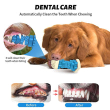 Blue-and-cream ridged dog chew toy with chew-dent texture tips