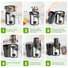 Juicer extractor setup: transparent lid and filter holder with hands