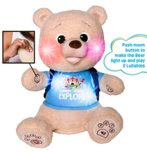 Plush bear toy with glowing face lights and blue Explore T-shirt