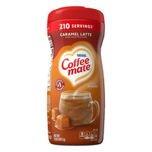 Caramel latte coffee creamer bottle, red with 210 servings label and cup graphic