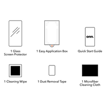 Screen protector bundle: glass, easy application box, cleaning wipe, dust tape, microfiber cloth.