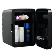 Mini personal fridge cooler with doors open, showing bottle and can storage