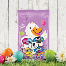 Purple egg filler mix bag with smiling chicken graphic and 70 pieces badge