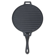 Cast iron ridged griddle top with loop handle, pre-seasoned dark finish