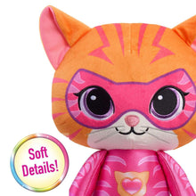 15-inch plush cat head and upper body, orange ears, big eyes, pink superhero outfit