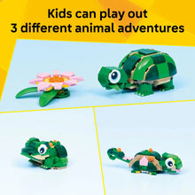 3-in-1 animal toy set showing three buildable green models: turtle, chameleon, frog
