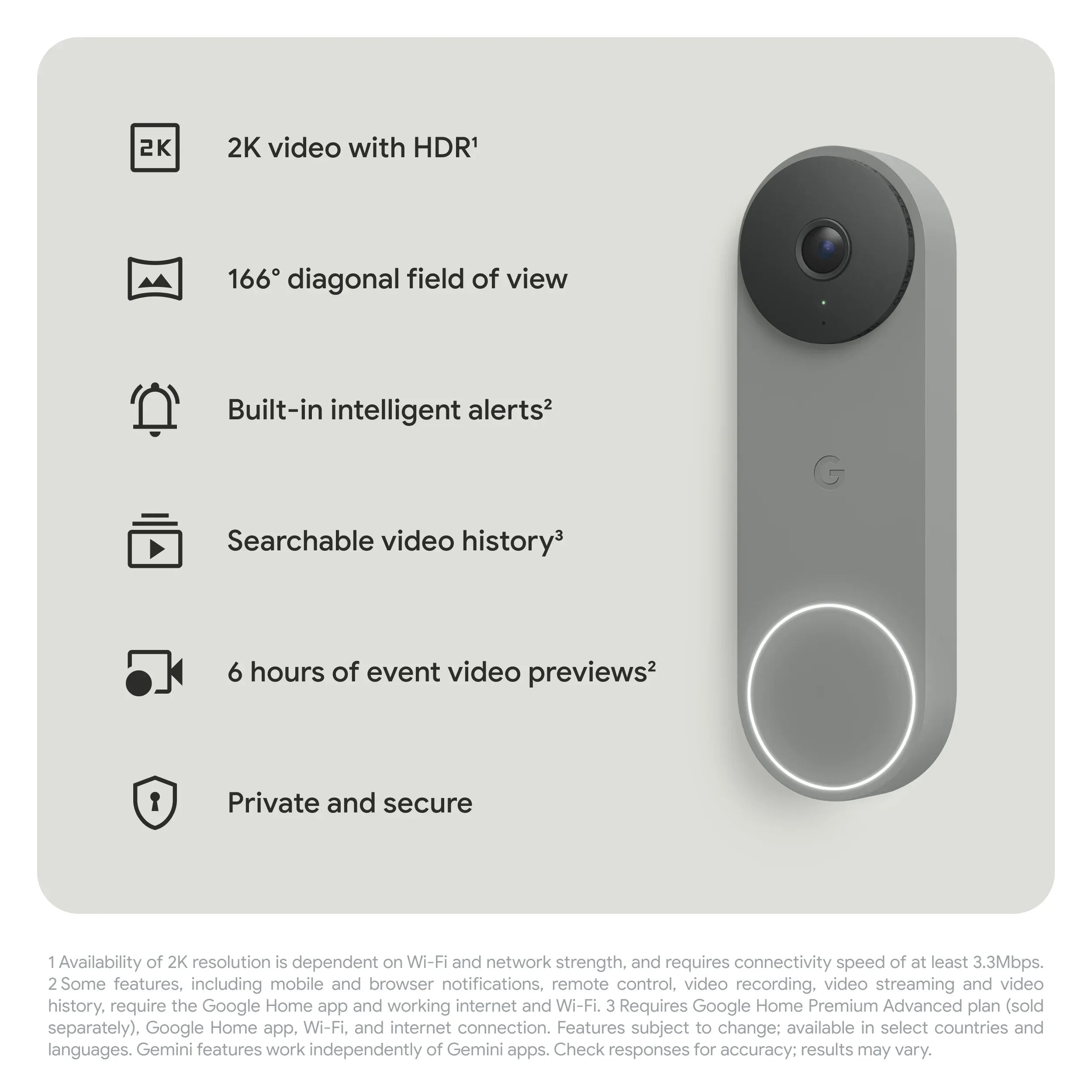 Google Nest Doorbell (Wired, 3rd Gen) - Video Doorbell Camera with 2K Video - Works with Google Home - With Gemini - Hazel