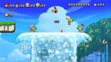 Side-scrolling platform game scene with Mario jumping near bubbles in a blue sky