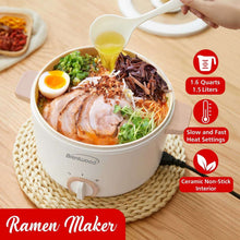 White electric hot pot cooker with lid and heating knob, food inside