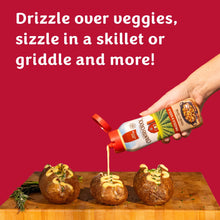 Country Crock drizzle & sizzle squeeze bottle with red cap, drizzling over skillet