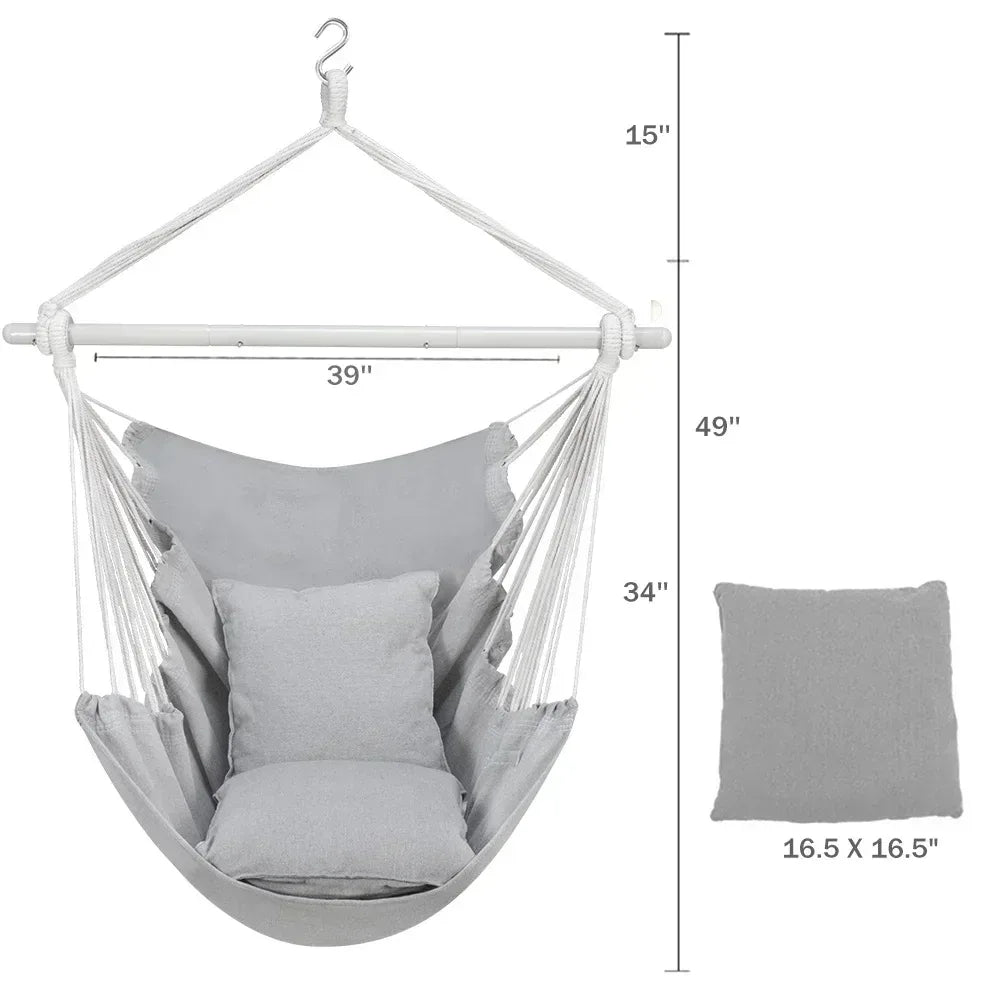 Large Hammock Chair Swing, Relax Hanging Rope Swing Chair with Detachable Metal Support Bar & Two Seat Cushions, Cotton Hammock Chair Swing Seat for Yard Bedroom Patio Porch Indoor Outdoor - USA MEGA SHOP