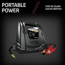 Portable power station with AC power outlet, USB port, and red clamp leads