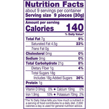 Nutrition facts label for 9 pieces (30 g), about 140 calories