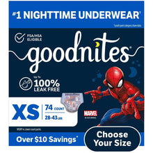 Goodnites boys' nighttime underwear package, XS size, 74 count, with Spider-Man design