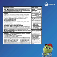 Children’s cough medicine Drug Facts dosing chart for 12 packets label