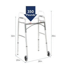 Folding walker with grey frame and four wheels, dimensioned side view