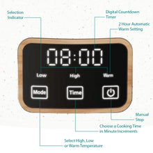 Digital control panel of speckled slow cooker with display and buttons, linen body