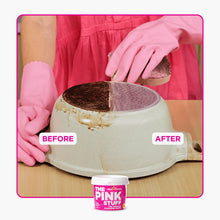 Cleaning paste tub on a countertop beside a dish cleaned