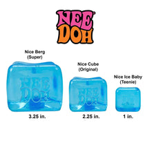 Three blue NeeDoh Nice Cube sizes with embossed NeeDoh logo