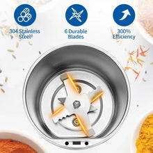 Stainless steel grinding chamber with four blades inside the electric grinder