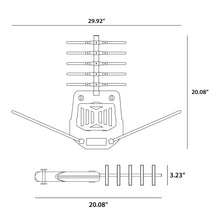 Motorized outdoor TV antenna dimensions diagram with multi-element array and mounting brackets