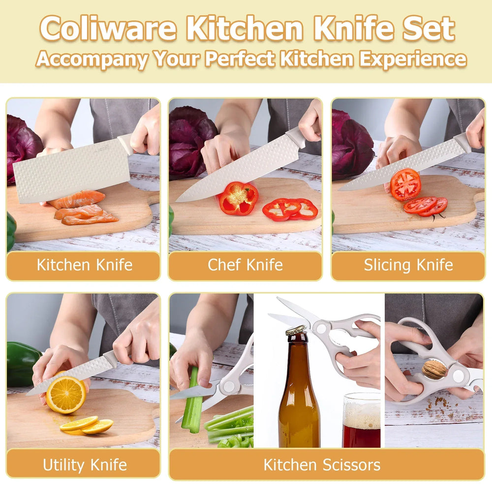 Joyfair Kitchen Knife Set, 7 Pcs Stainless Steel White Knives Block Set for Chef, Super Sharp Professional Knife Set with Universal Knife Block for Home Restaurant, Non-Stick & Anti-Rust - USA MEGA SHOP