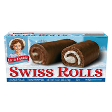 Swiss rolls snack cakes twin-wrapped, blue retail box with two rolls
