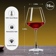 Clear stemmed red wine glass, labeled 16 oz with hand-blown and crystal icons