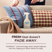 Fabric freshener spray bottle with trigger on couch beside striped and plaid pillows.