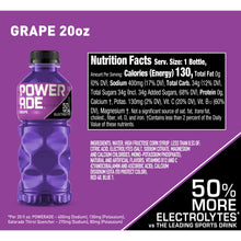 POWERADE Grape 20 oz bottle with Nutrition Facts panel and black cap, purple.